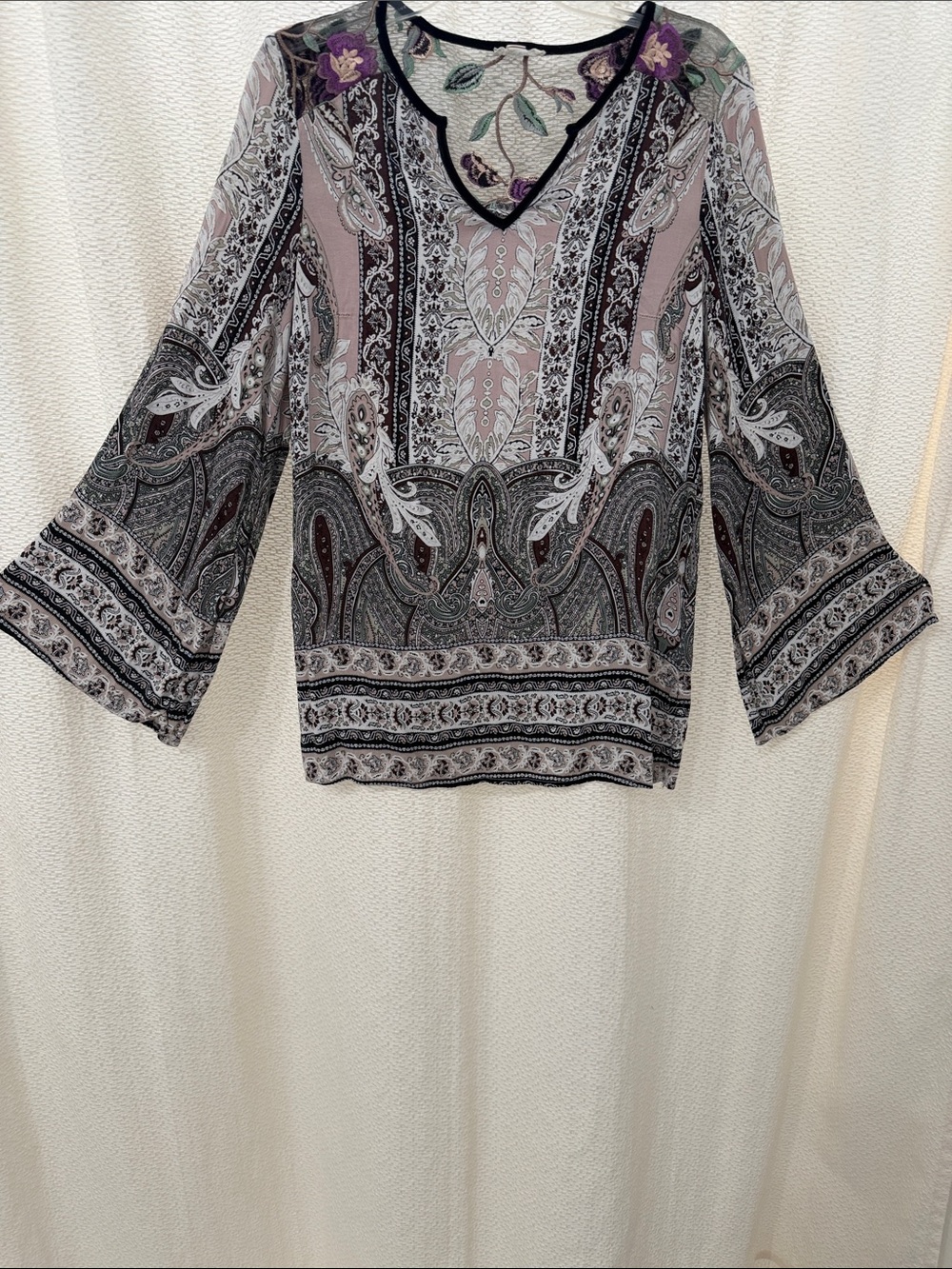 Tribal Paisley V-Neck Bell-Sleeve Tunic in Dusty Pink, Burgundy & Black.